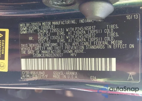 2013 Toyota Highlander Se V6 из США, поврежденный, VIN 5TDBK3EH6DS269027